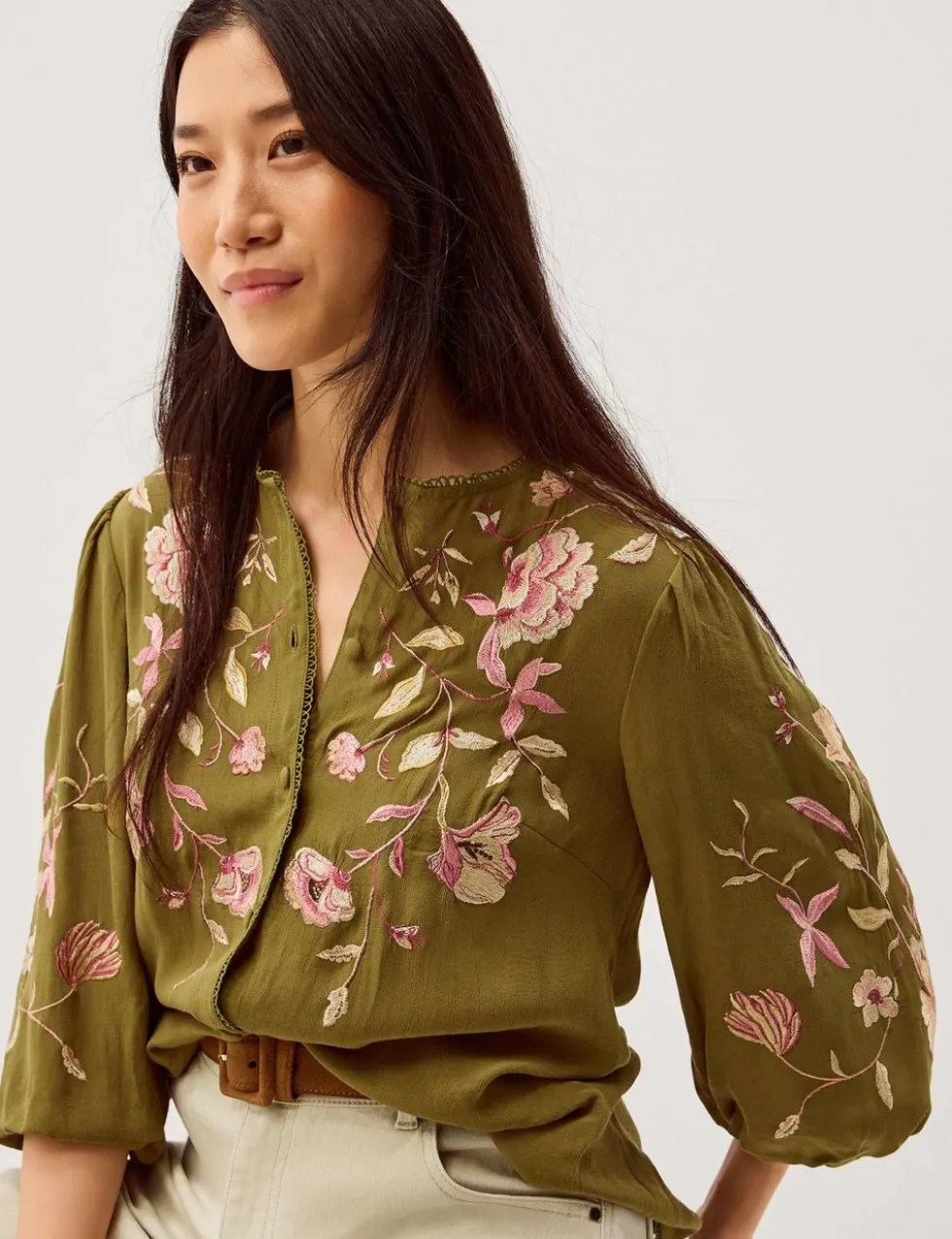 Floral Embroidered Blouson Sleeve Top