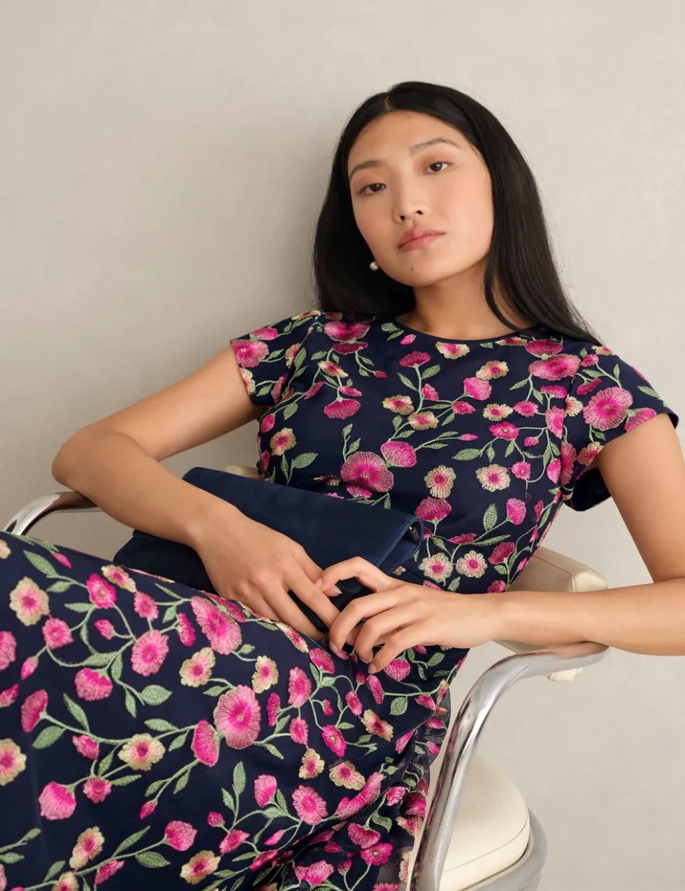 Floral Embroidered Knee Length Skater Dress