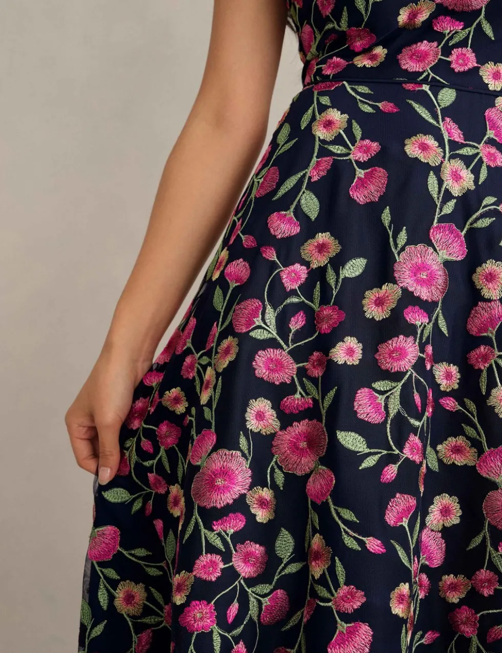 Floral Embroidered Knee Length Skater Dress