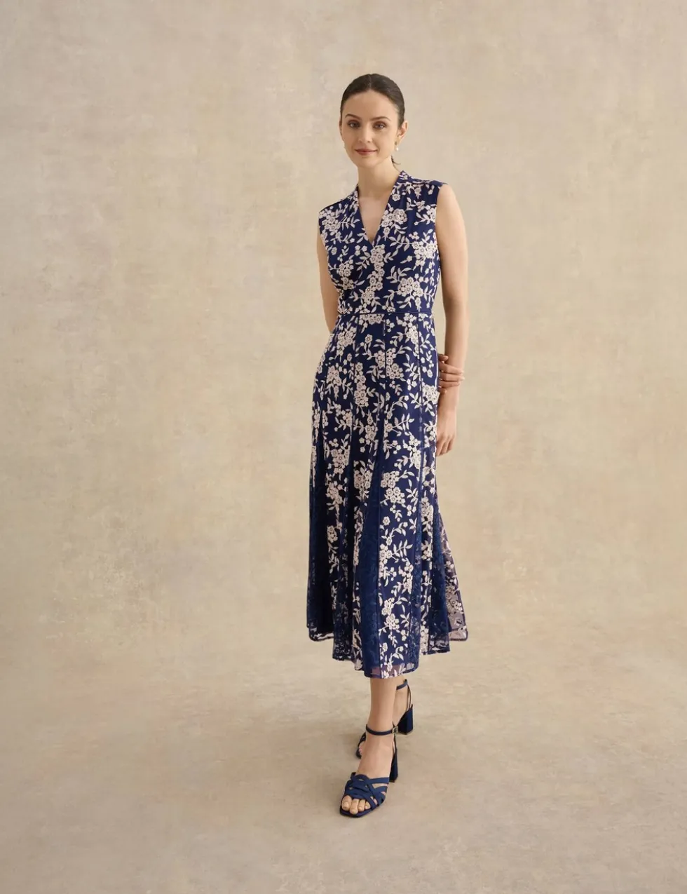 Floral Embroidered V Neck Midi Skater Dress