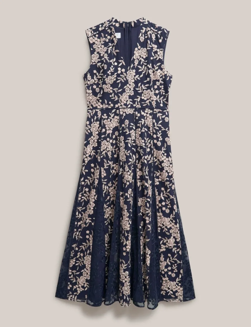 Floral Embroidered V Neck Midi Skater Dress