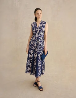 Floral Embroidered V Neck Midi Skater Dress