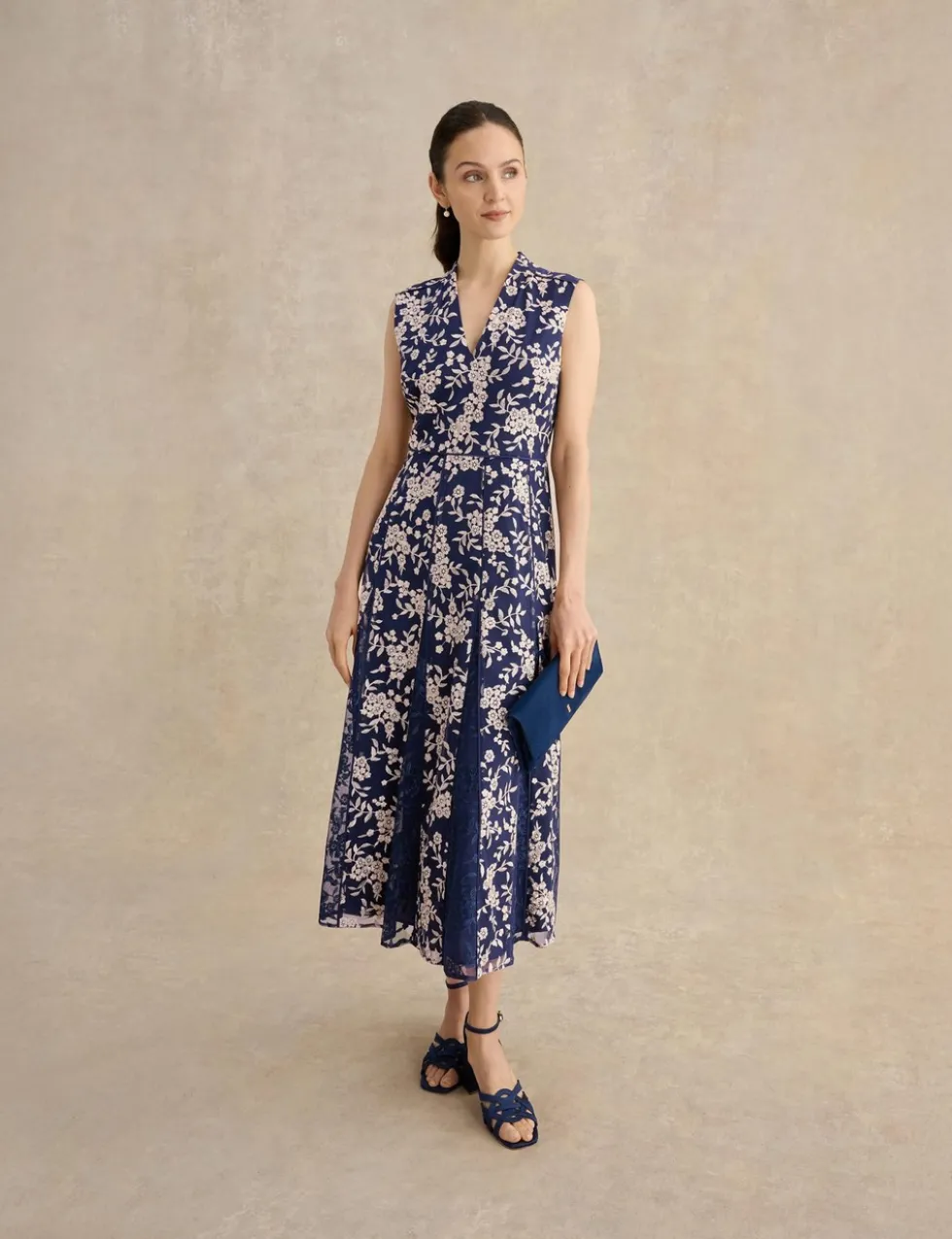 Floral Embroidered V Neck Midi Skater Dress