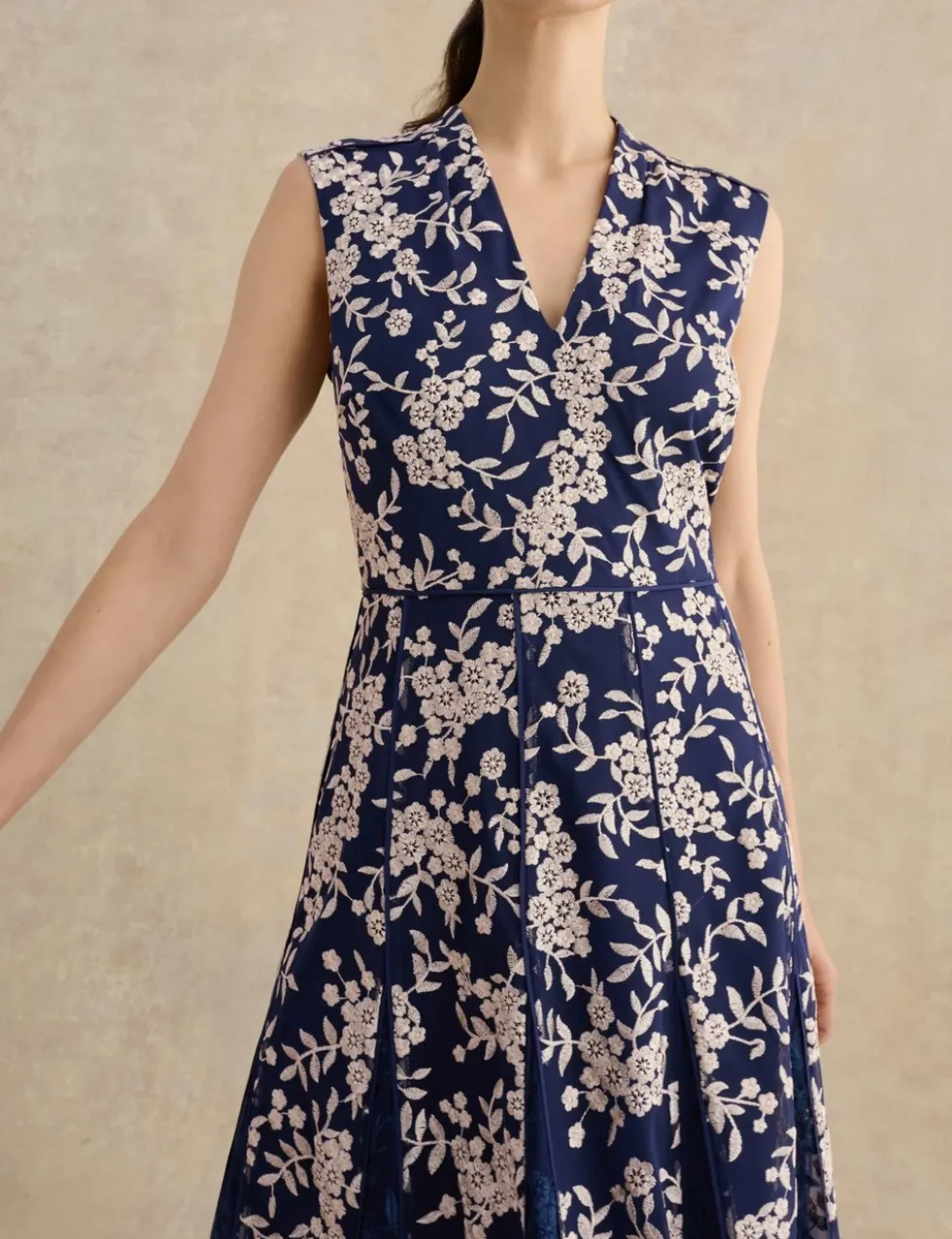 Floral Embroidered V Neck Midi Skater Dress