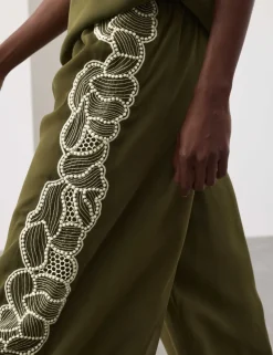 Floral Embroidered Wide Leg Trousers