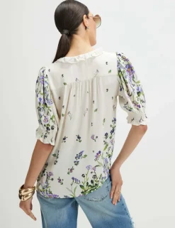 Floral Frill Neck Shirred Blouse