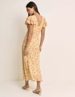 Floral Frill Sleeve Midaxi Waisted Dress