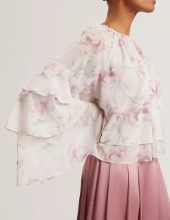 Floral Gathered Tiered Sleeve Blouse