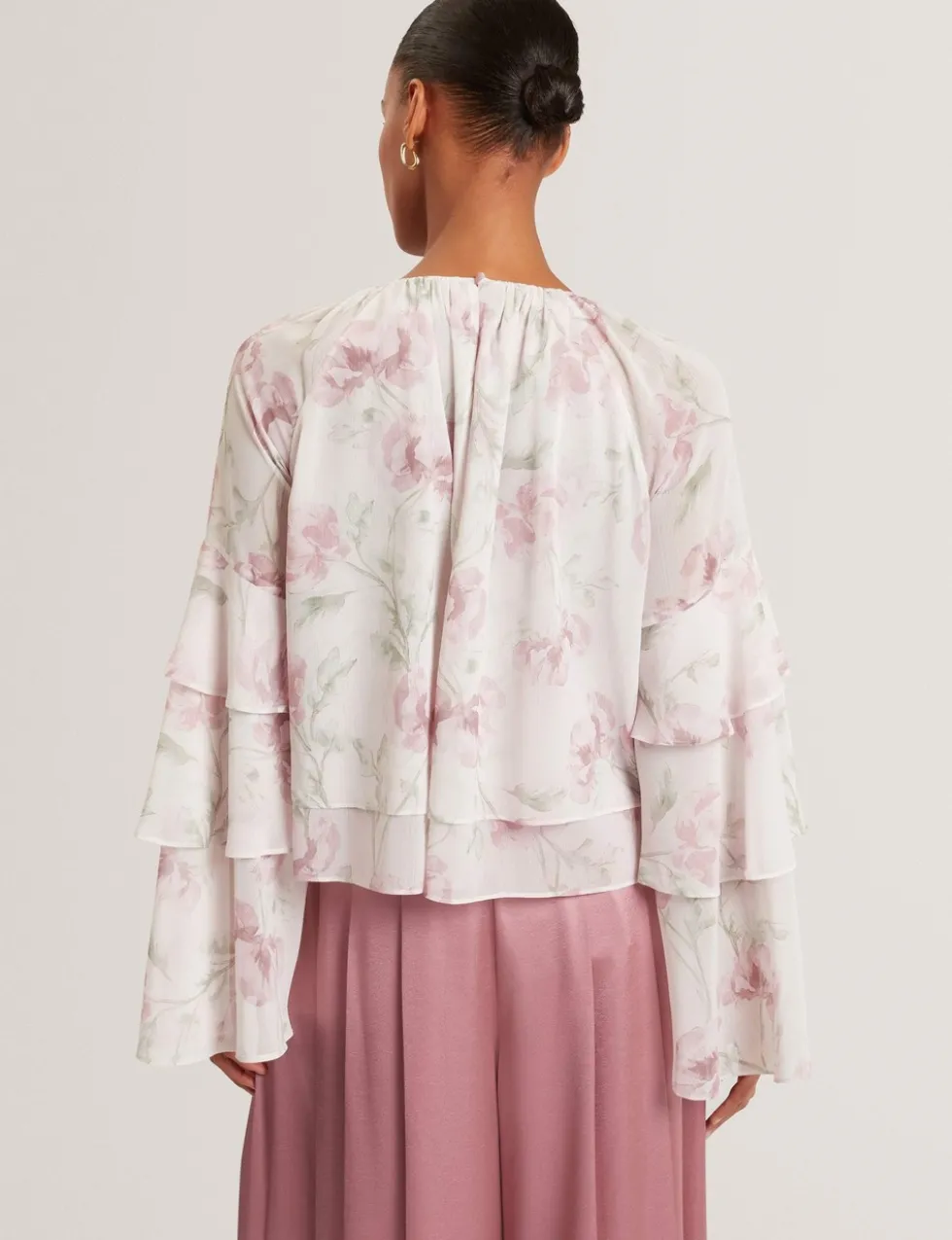 Floral Gathered Tiered Sleeve Blouse
