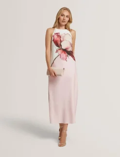 Floral Halter Neck Midi Column Dress