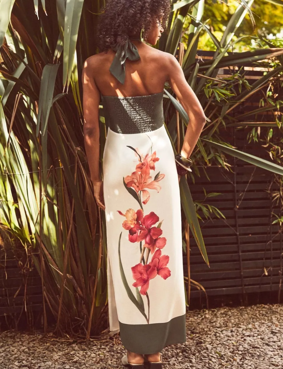 Floral Halter Neck Twist Front Maxi Column Dress