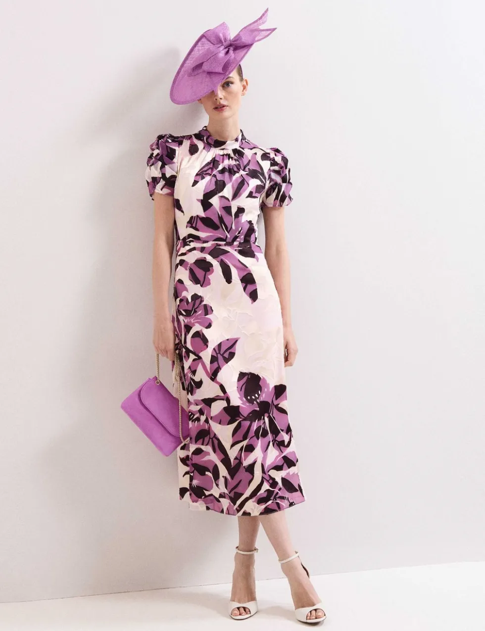 Floral High Neck Midi Waistwed Dress