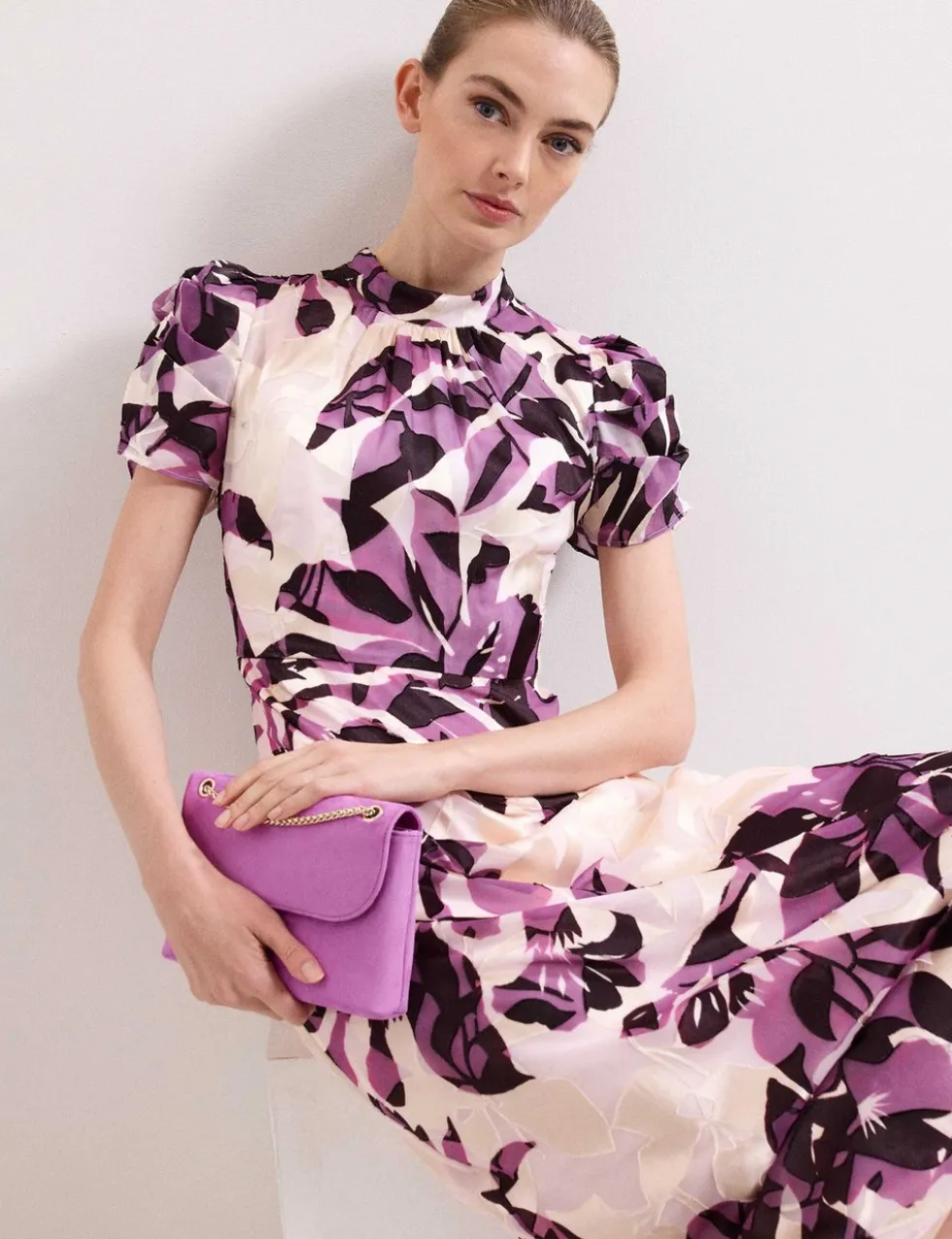 Floral High Neck Midi Waistwed Dress