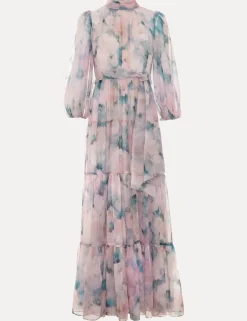 Floral High Neck Tie Waist Maxi Tiered Dress