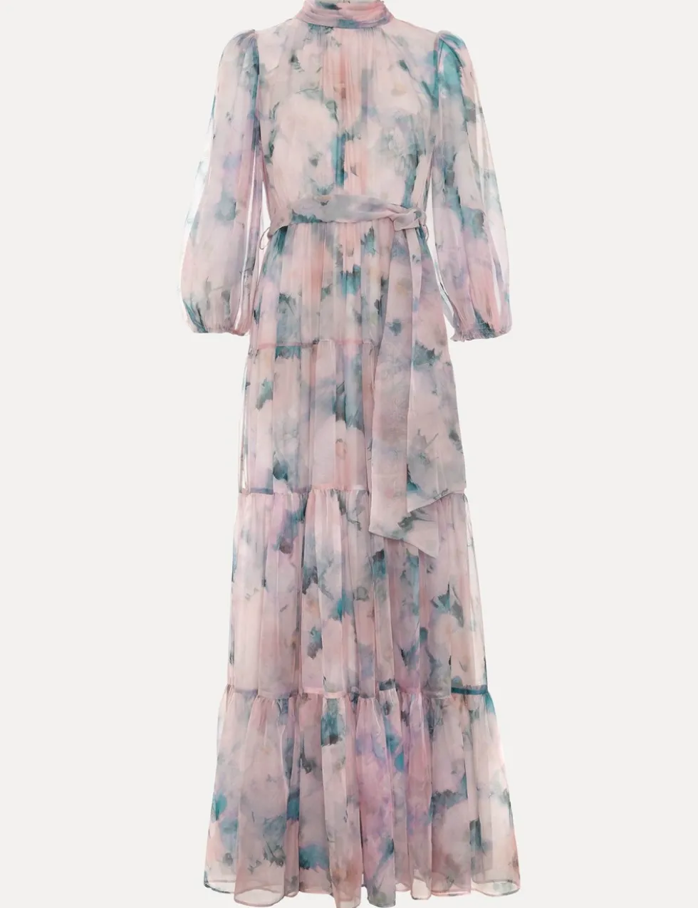 Floral High Neck Tie Waist Maxi Tiered Dress