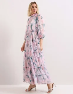 Floral High Neck Tie Waist Maxi Tiered Dress
