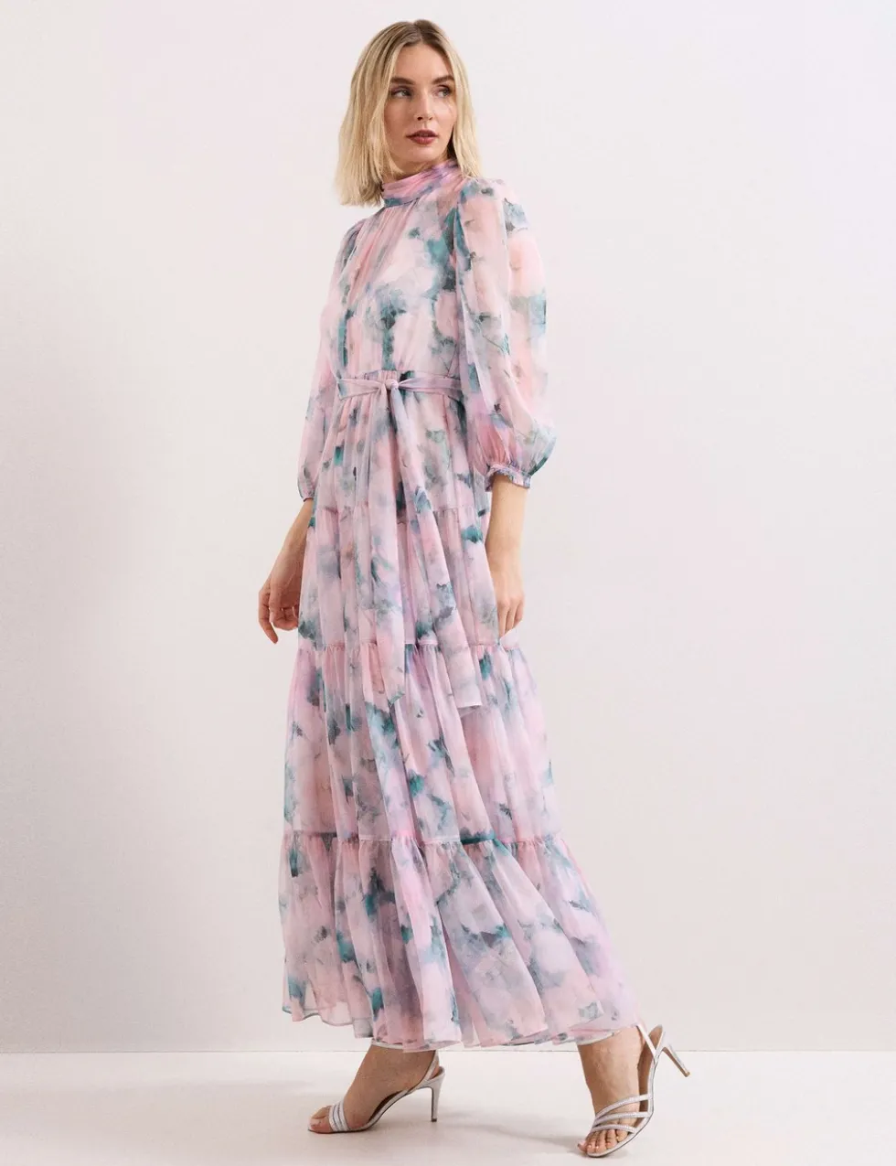 Floral High Neck Tie Waist Maxi Tiered Dress