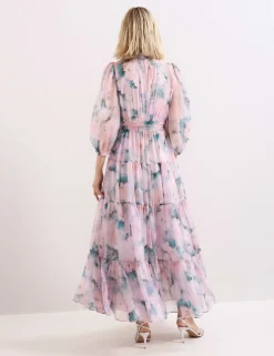 Floral High Neck Tie Waist Maxi Tiered Dress