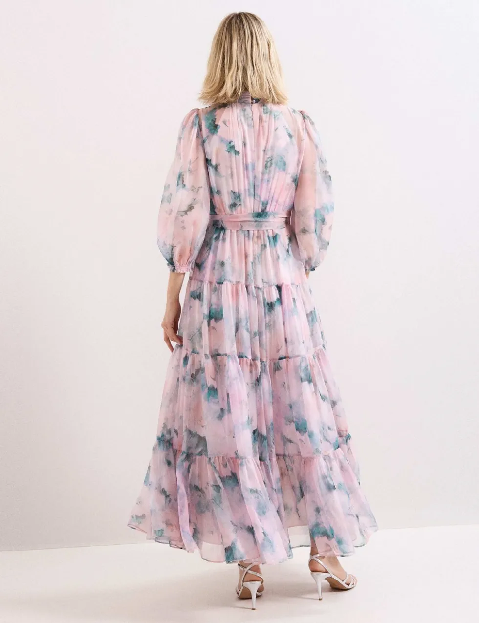 Floral High Neck Tie Waist Maxi Tiered Dress