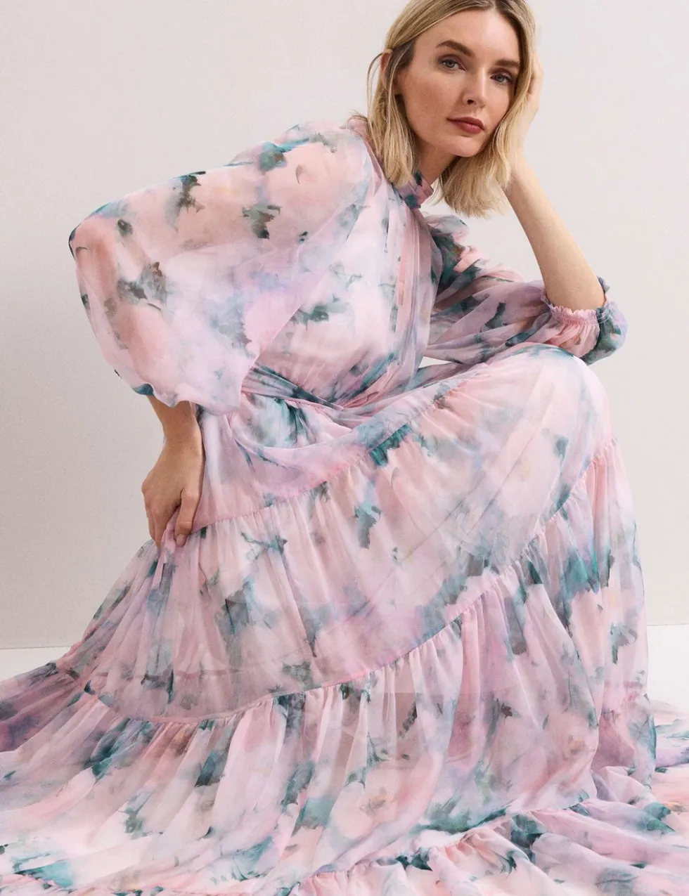 Floral High Neck Tie Waist Maxi Tiered Dress