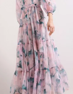 Floral High Neck Tie Waist Maxi Tiered Dress