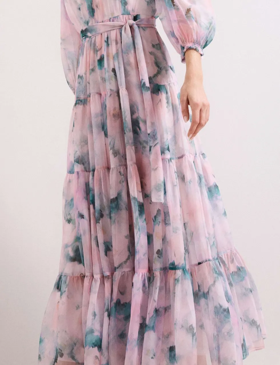 Floral High Neck Tie Waist Maxi Tiered Dress