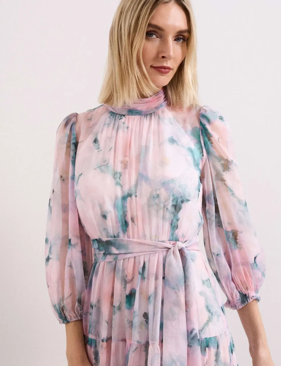 Floral High Neck Tie Waist Maxi Tiered Dress