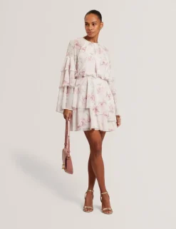 Floral High Neck Tiered Sleeve Mini Dress