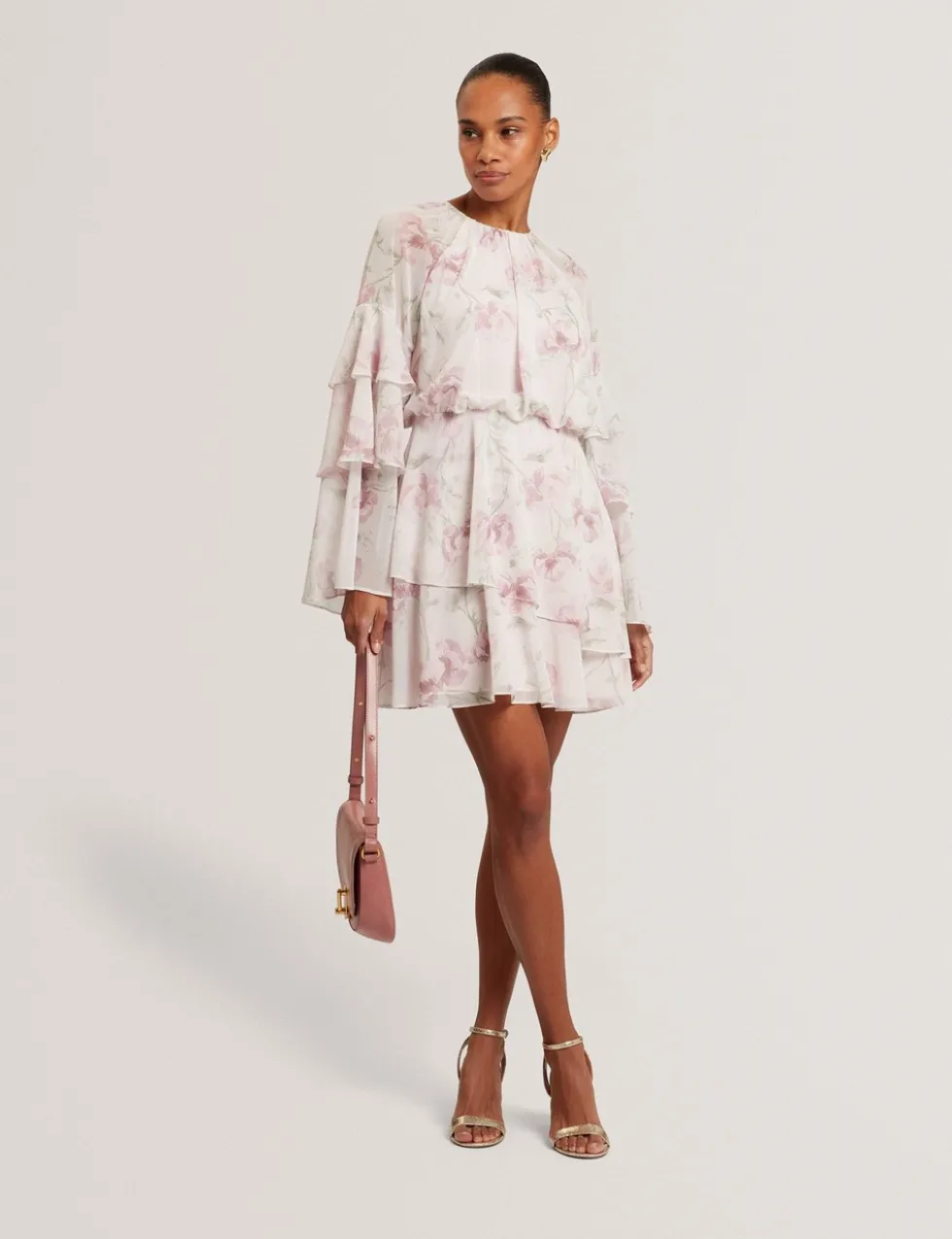 Floral High Neck Tiered Sleeve Mini Dress