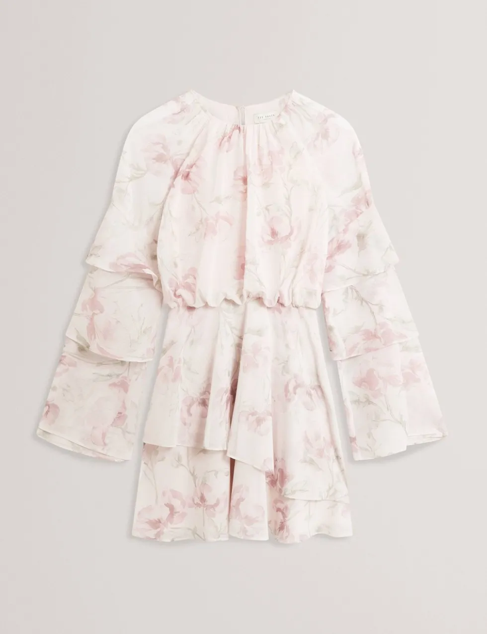 Floral High Neck Tiered Sleeve Mini Dress
