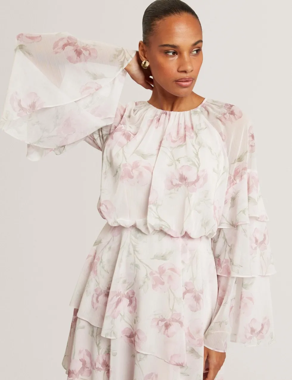 Floral High Neck Tiered Sleeve Mini Dress