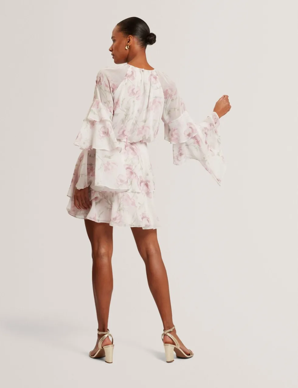 Floral High Neck Tiered Sleeve Mini Dress