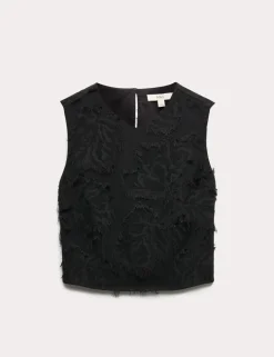 Floral Jacquard Fringed V-Neck Tailored Top