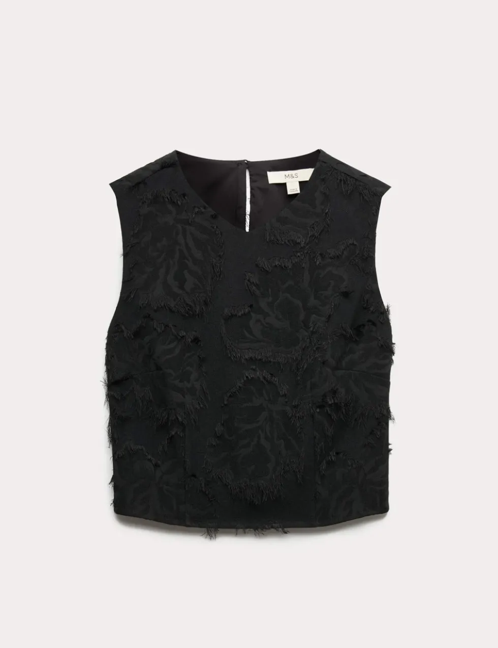 Floral Jacquard Fringed V-Neck Tailored Top