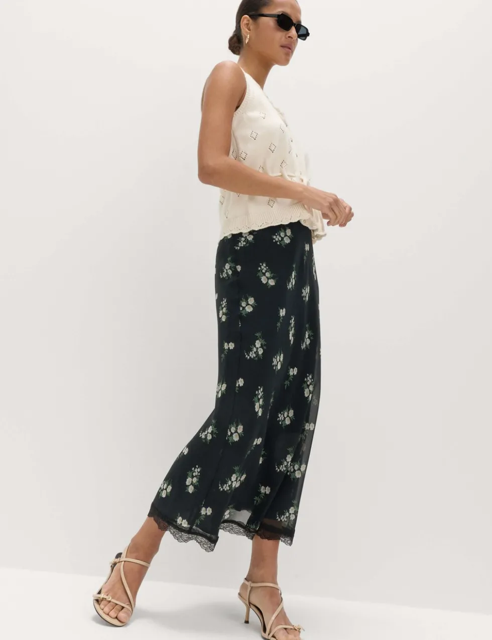 Floral Lace Detail Midi Slip Skirt