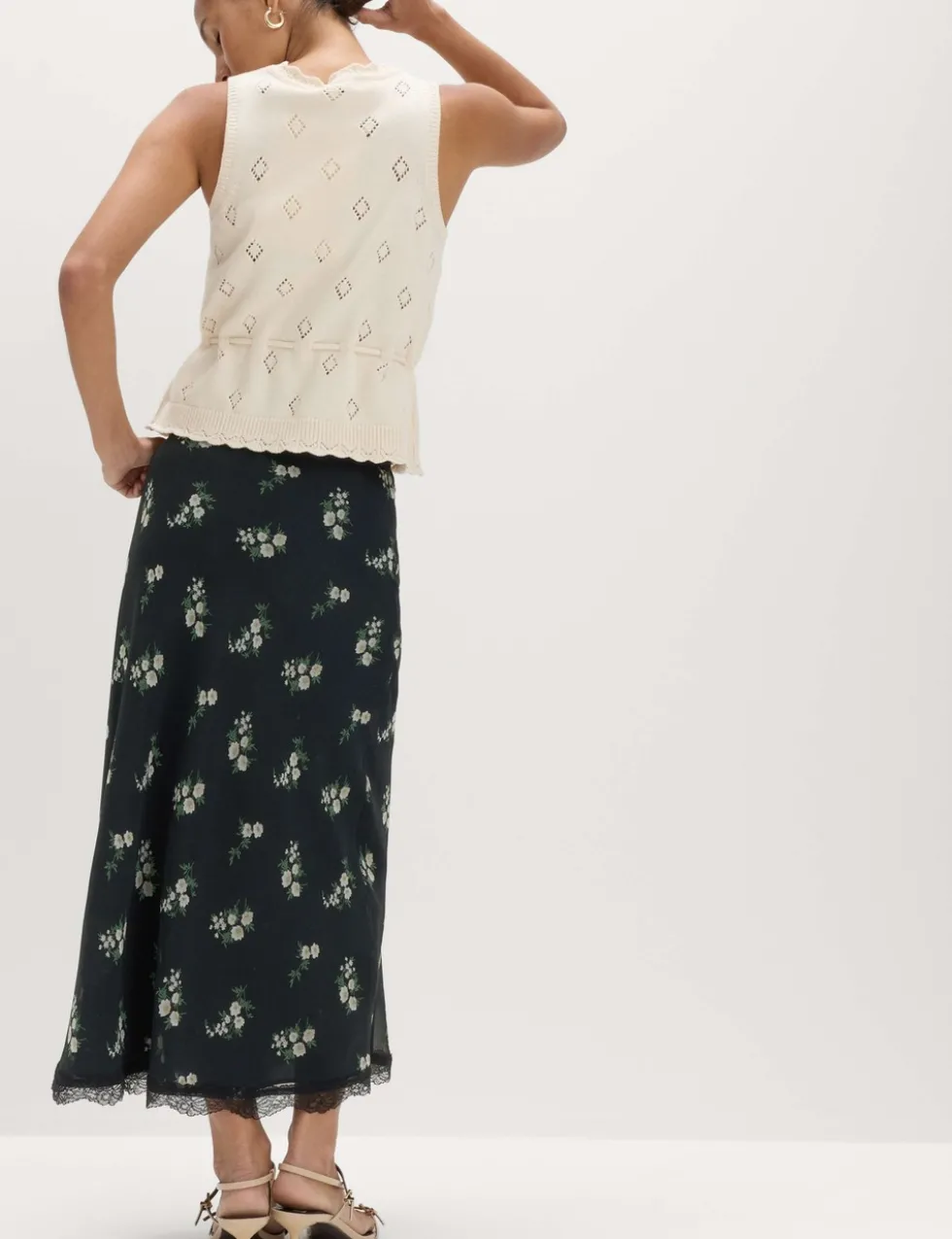 Floral Lace Detail Midi Slip Skirt