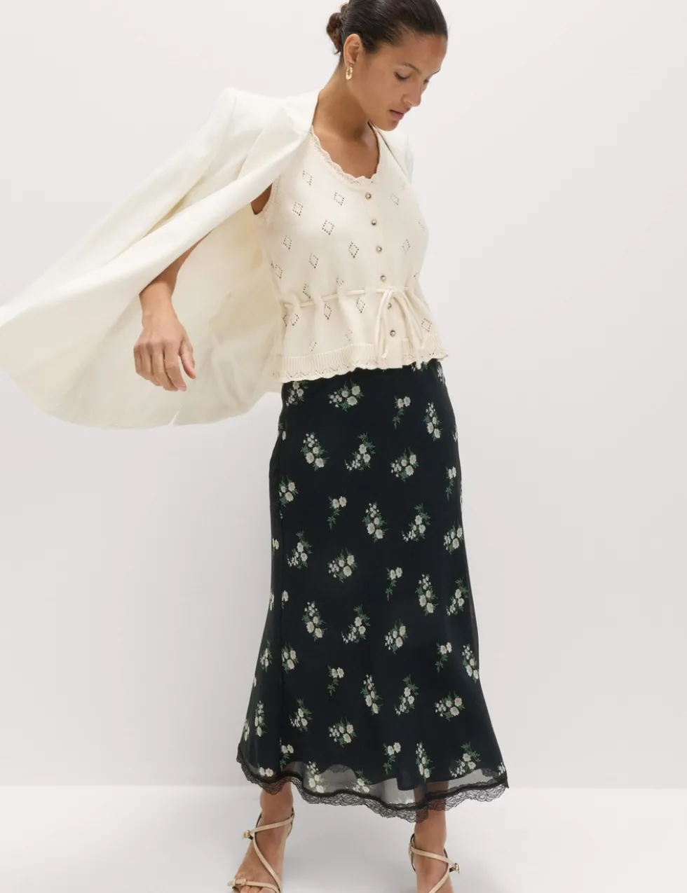 Floral Lace Detail Midi Slip Skirt