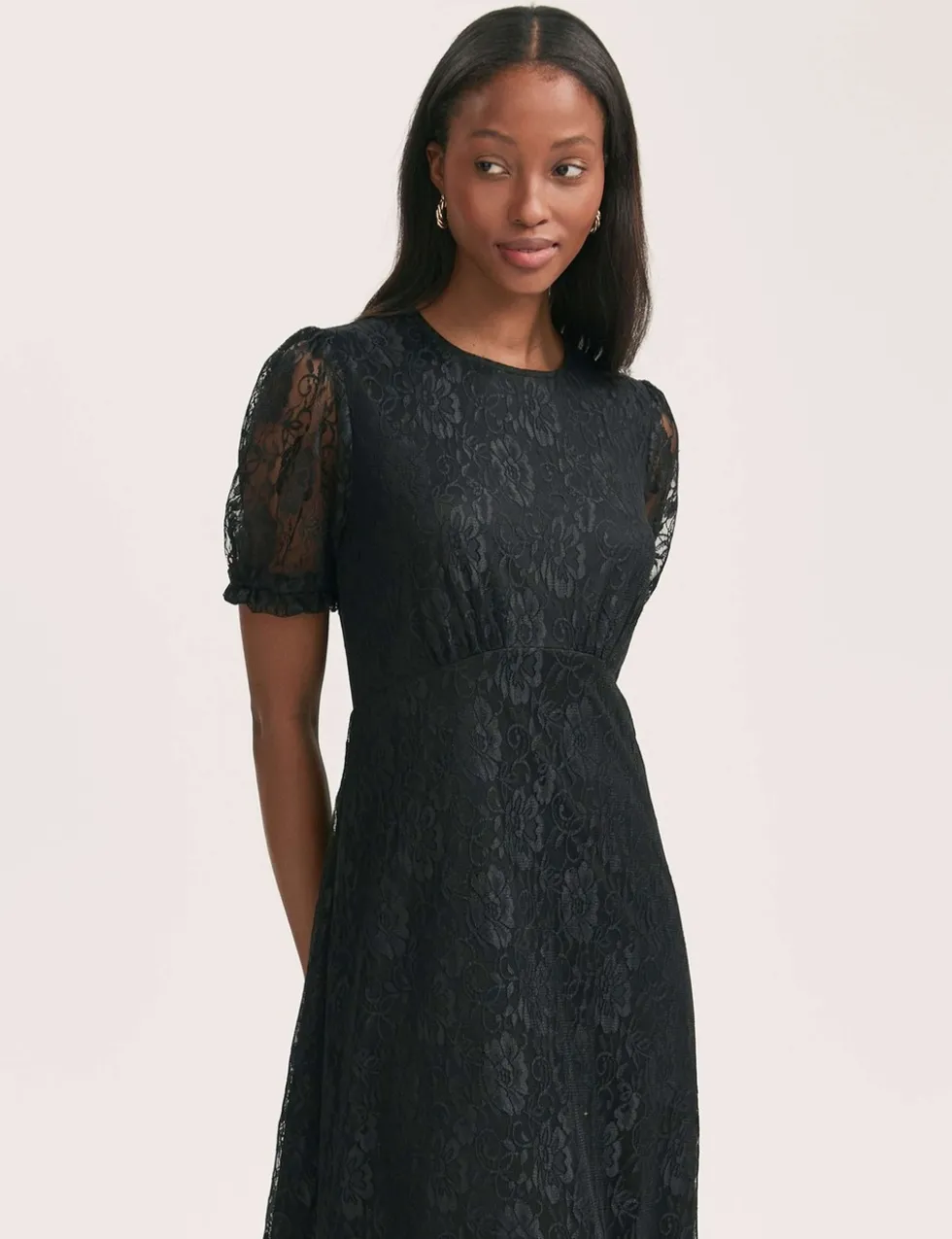 Floral Lace Puff Sleeve Midi Skater Dress
