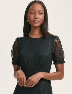 Floral Lace Puff Sleeve Midi Skater Dress