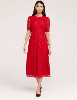 Floral Lace Puff Sleeve Midi Skater Dress