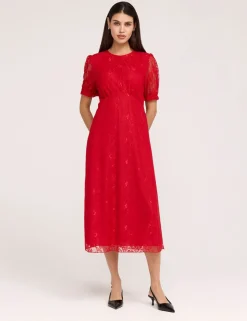 Floral Lace Puff Sleeve Midi Skater Dress