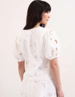 Floral Lace V-Neck Puff Sleeve Blouse