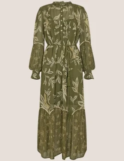 Floral Leaf Print Button Front Midi Tiered Dress