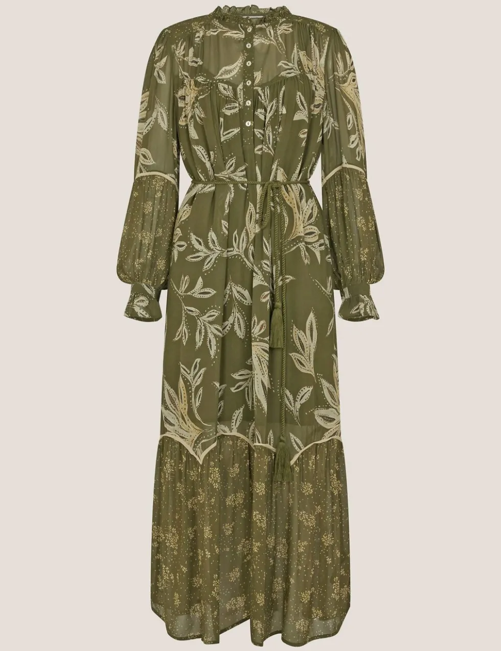 Floral Leaf Print Button Front Midi Tiered Dress