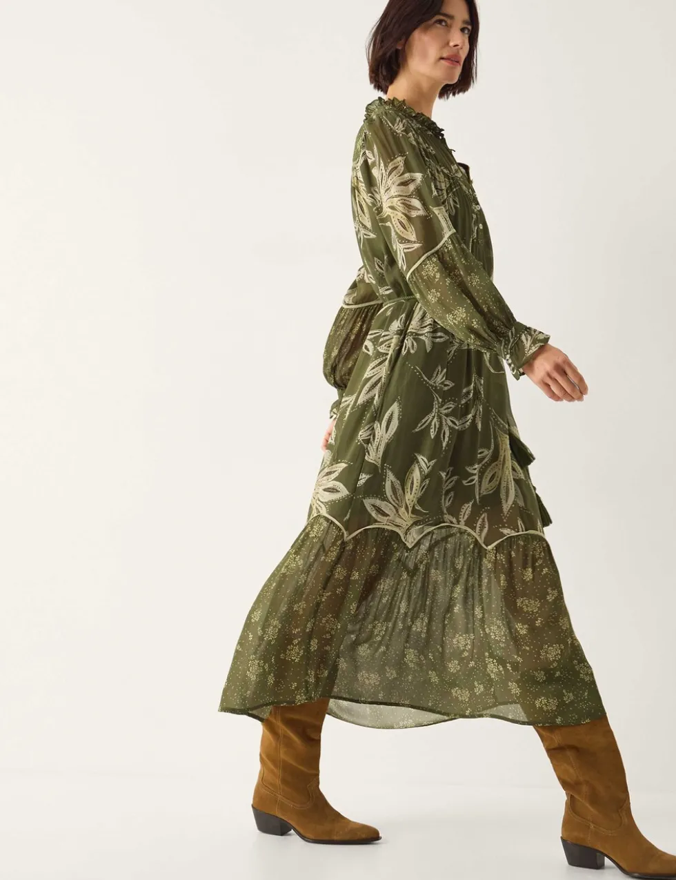 Floral Leaf Print Button Front Midi Tiered Dress