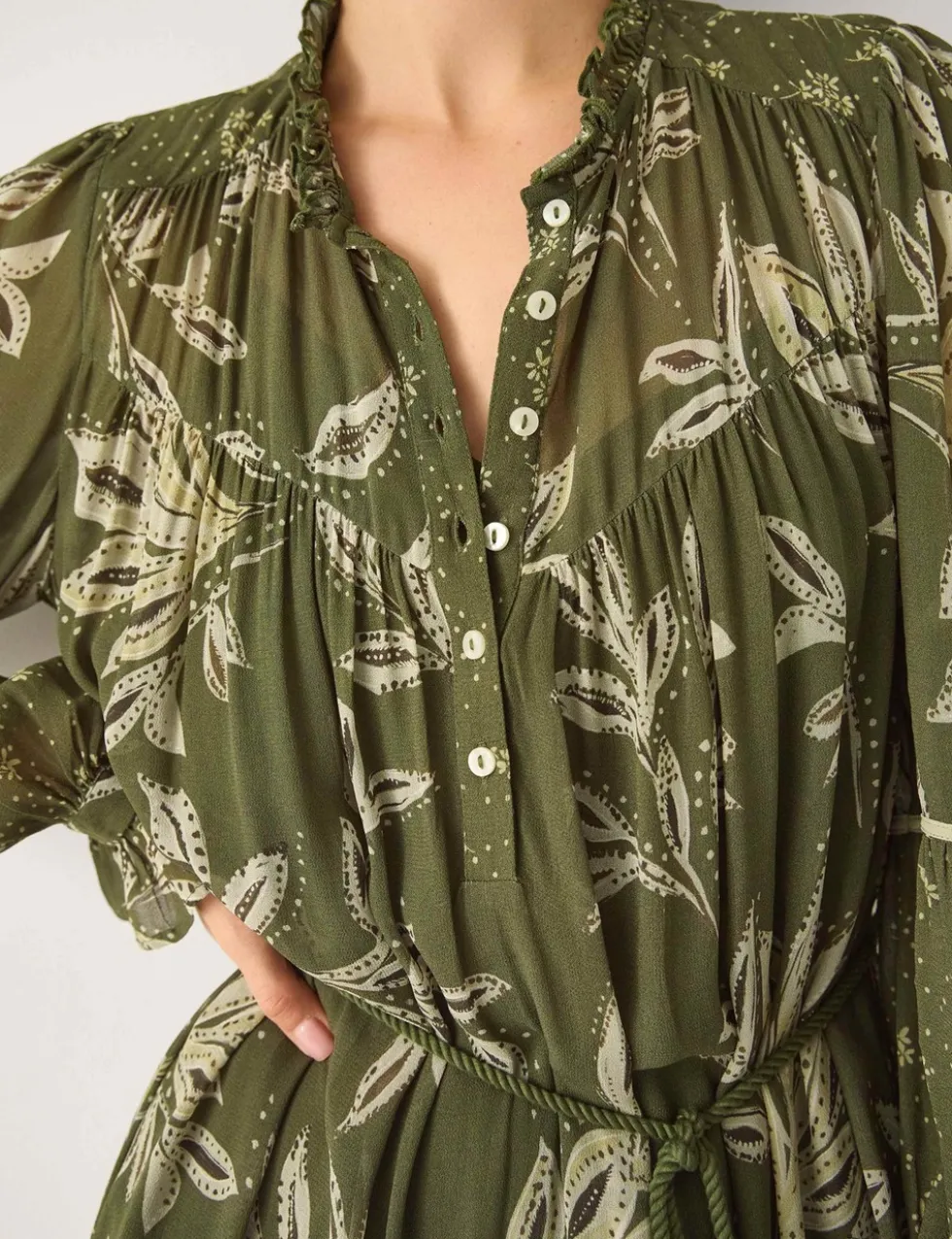 Floral Leaf Print Button Front Midi Tiered Dress