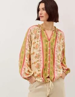 Floral Notch Neck Blouson Sleeve Blouse