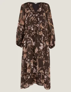 Floral Notch Neck Ruffle Midi Smock Dress