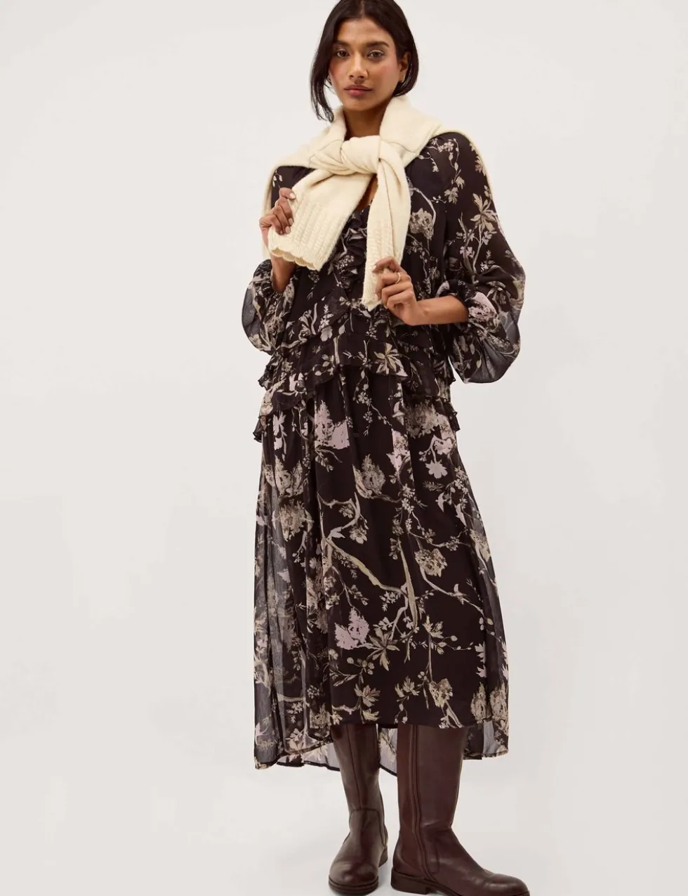Floral Notch Neck Ruffle Midi Smock Dress