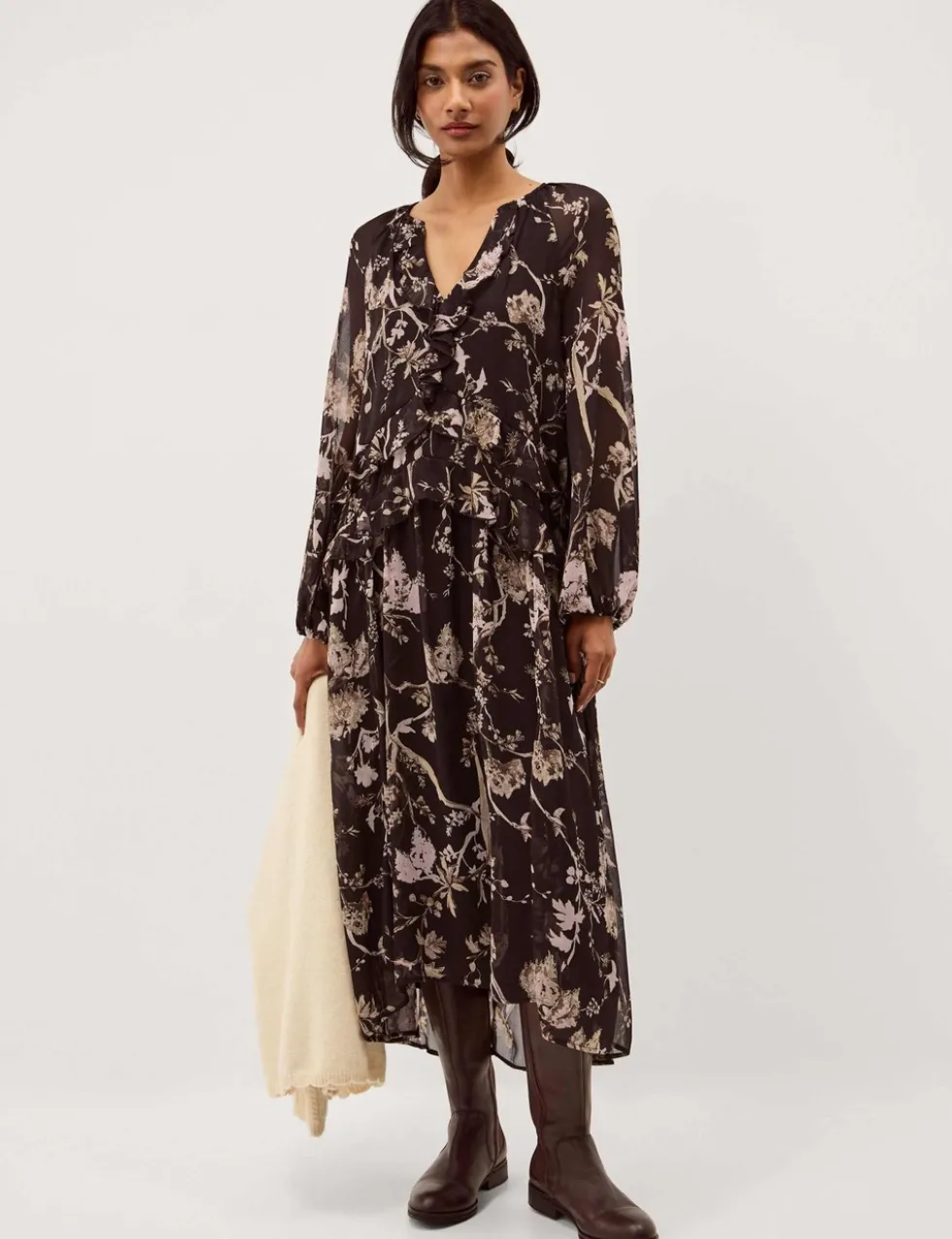 Floral Notch Neck Ruffle Midi Smock Dress